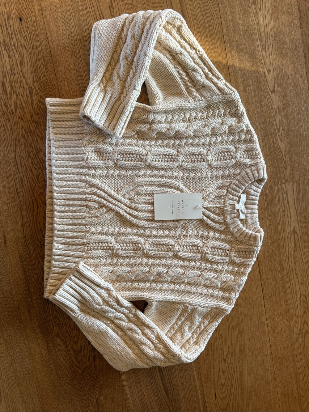 Sezane Cream (Ecru) “Evan” Cable-Knit Crewneck Sweater